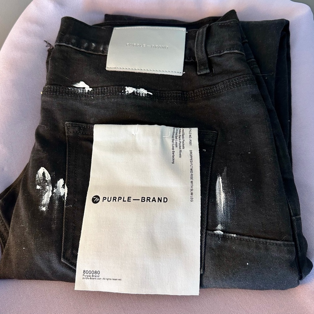 Purple-Brand Men’s Slim Black Jeans with White Paint Detail